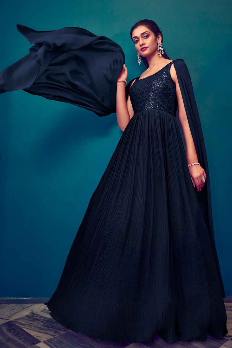 Brilliant Georgette Readymade Gown With Dupatta In Navy Blue Color