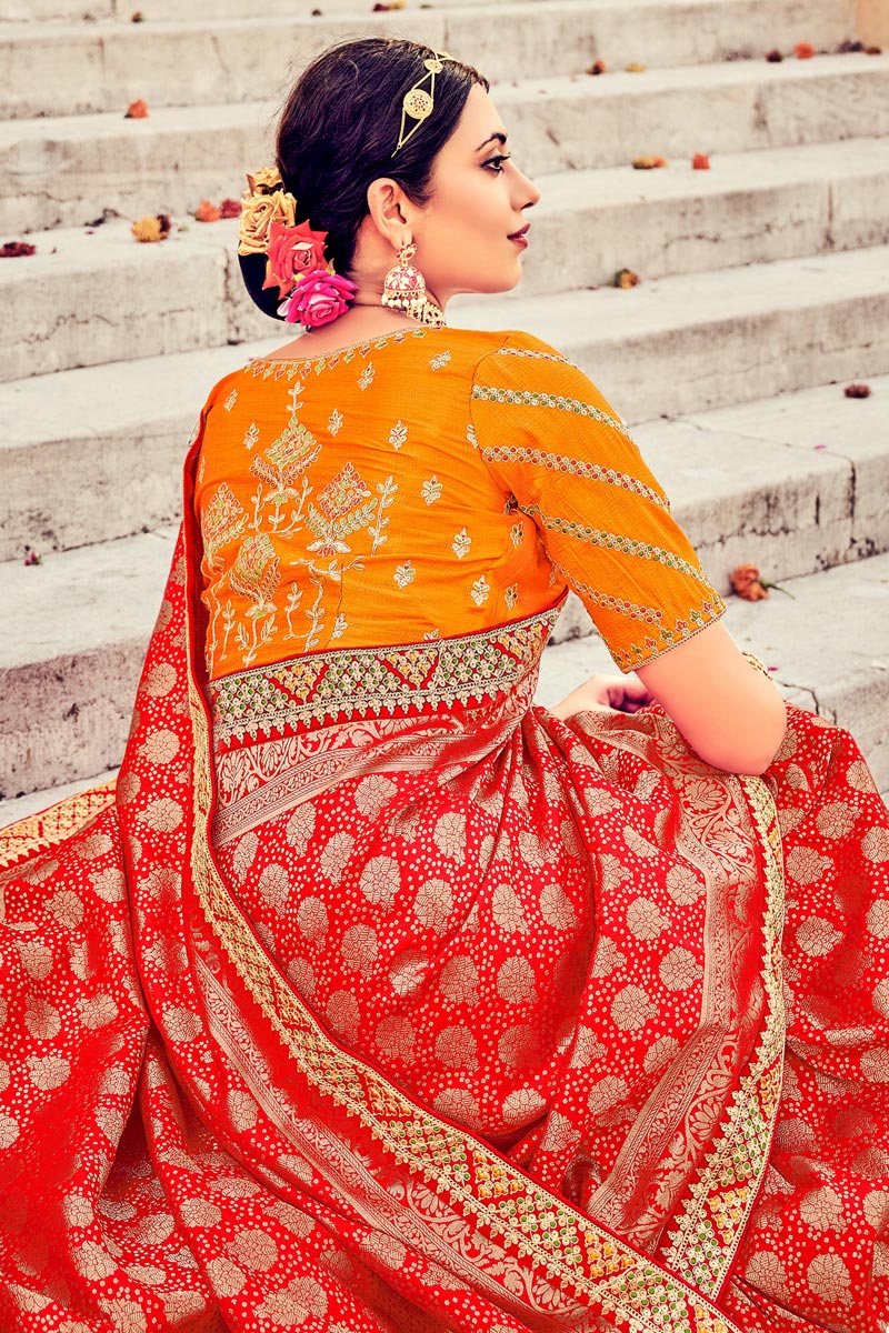 Red Color Dazzling Weaving Work Saree In Art Silk Fabric