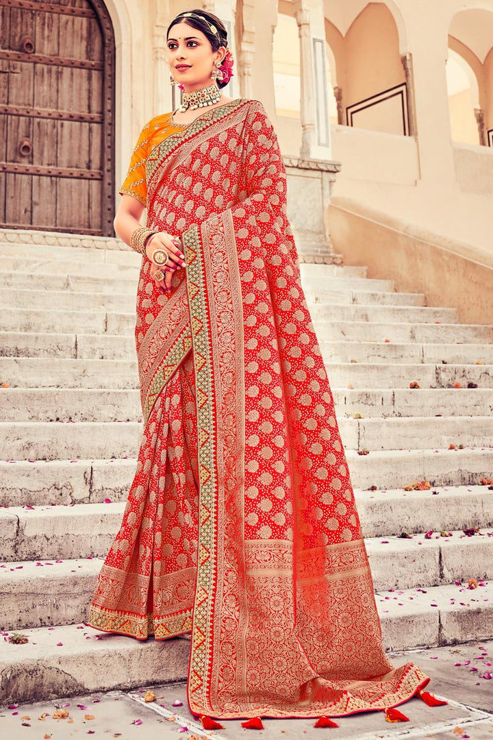 Red Color Dazzling Weaving Work Saree In Art Silk Fabric
