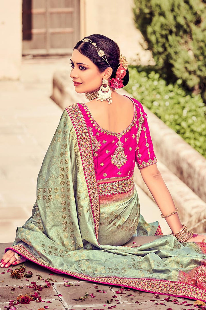 Sea Green Color Art Silk Fabric Saree With Beautiful Weaving Work