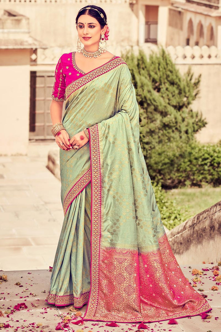 Sea Green Color Art Silk Fabric Saree With Beautiful Weaving Work