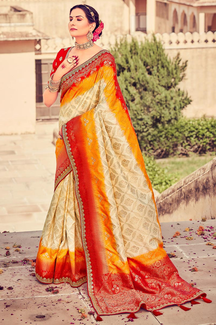 Cream Color Art Silk Fabric Saree With Appealing Weaving Work