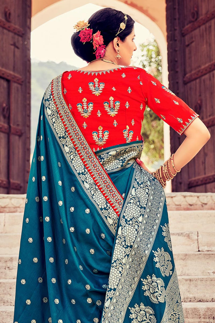 Teal Color Saree With Innovative Weaving Work In Art Silk Fabric