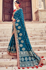 Load image into Gallery viewer, Teal Color Saree With Innovative Weaving Work In Art Silk Fabric
