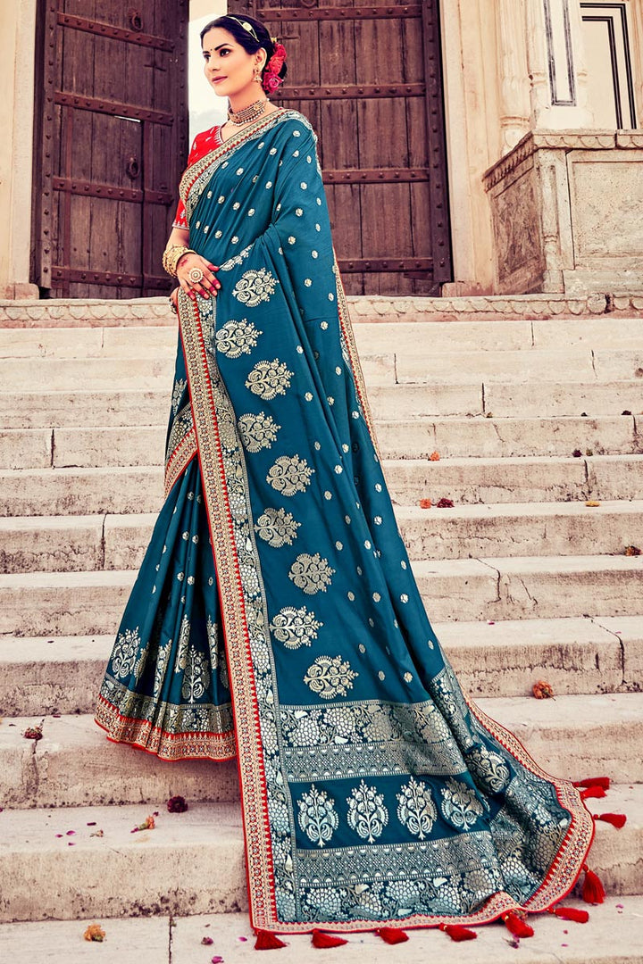 Teal Color Saree With Innovative Weaving Work In Art Silk Fabric