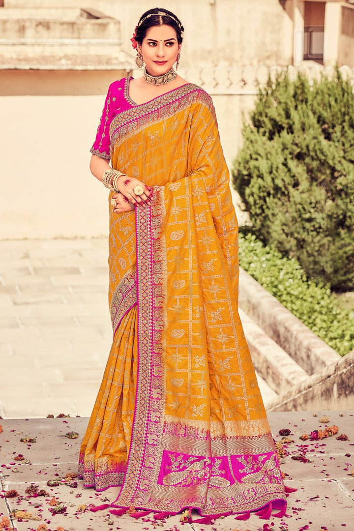 Mustard Color Wonderful Weaving Work Saree In Art Silk Fabric