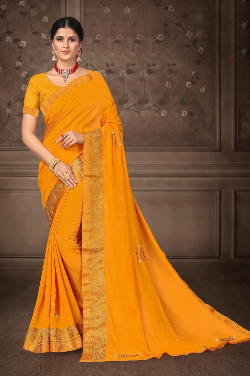 Yellow Color Art Silk Fabric Occasion Wear Lace Work Saree