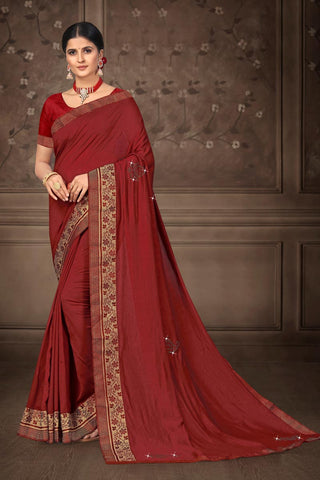 Designer Maroon Color Art Silk Fabric Party Wear Lace Work Saree