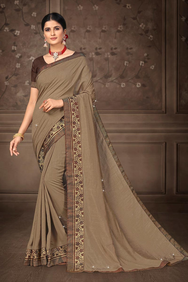 Dark Beige Color Art Silk Fabric Occasion Wear Lace Work Saree