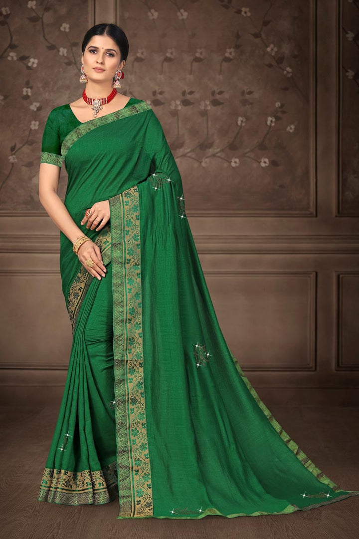 Designer Art Silk Fabric Green Color Party Wear Lace Work Saree
