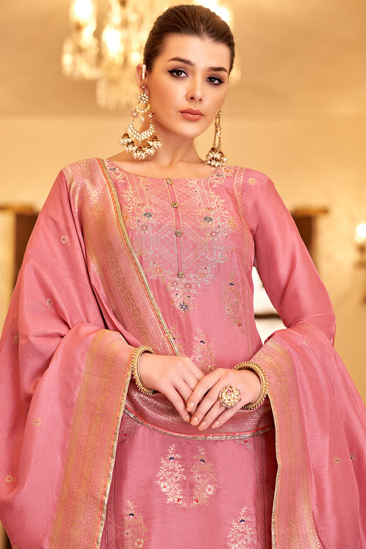 Pink Color Sangeet Wear Designer Weaving Work Salwar Kameez In Jacquard Fabric
