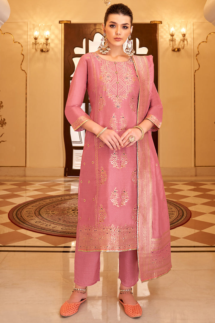 Pink Color Sangeet Wear Designer Weaving Work Salwar Kameez In Jacquard Fabric