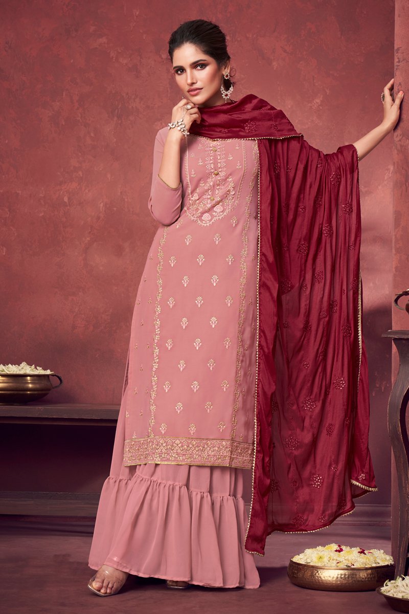 Georgette Fabric Party Style Pink Color Embroidered Palazzo Suit