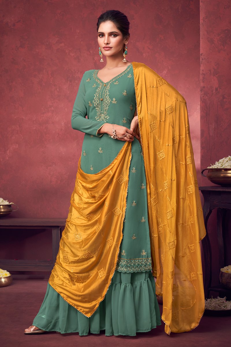 Georgette Fabric Party Style Embroidered Palazzo Dress In Sea Green Color