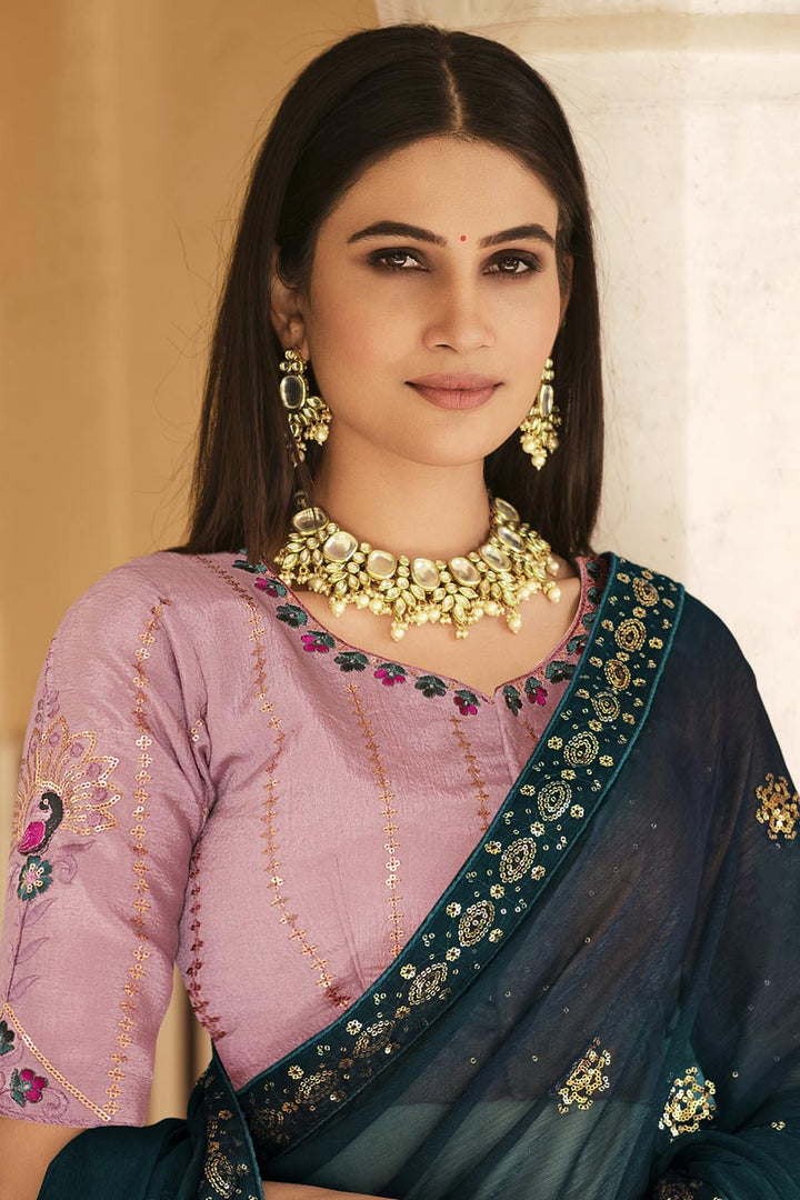 Teal Color Fantastic Chinon Fabric Sequins Work Saree