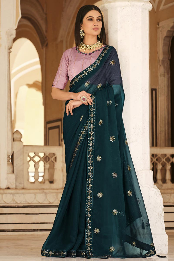 Teal Color Fantastic Chinon Fabric Sequins Work Saree