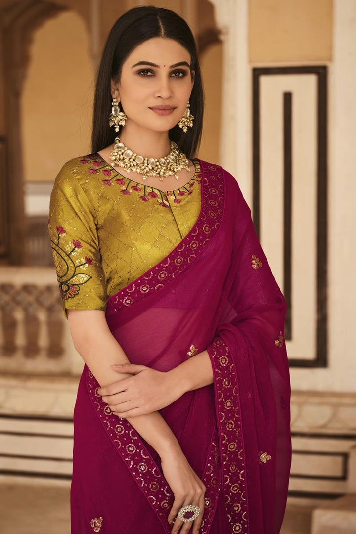 Appealing Sequins Work Chinon Fabric Saree In Rani Color