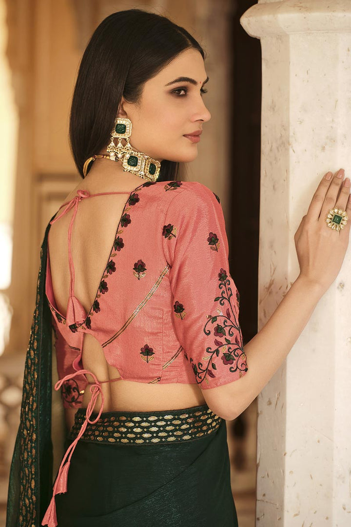 Sequins Work Dark Green Color Aristocratic Chinon Fabric Saree