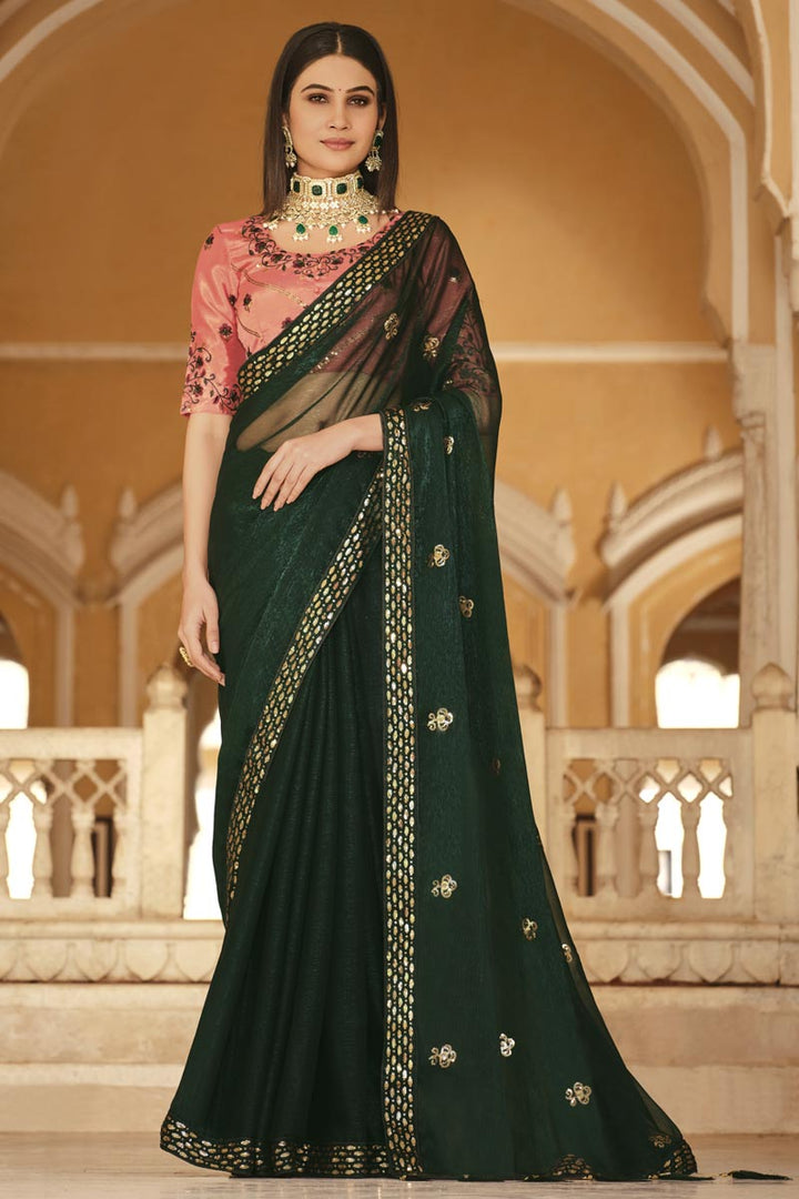 Sequins Work Dark Green Color Aristocratic Chinon Fabric Saree