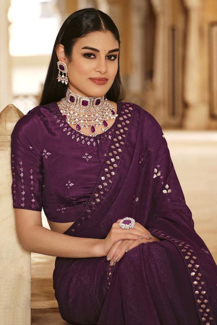Imperial Purple Color Chinon Fabric Sequins Work Saree