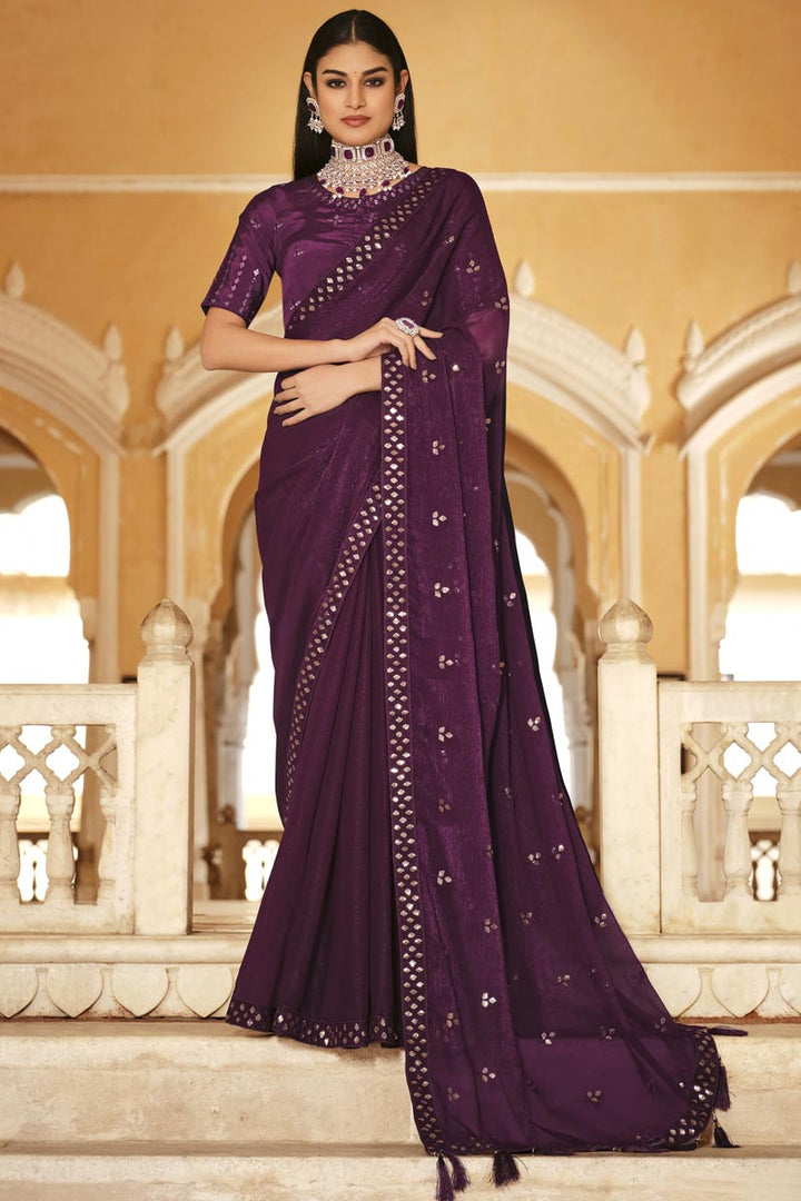 Imperial Purple Color Chinon Fabric Sequins Work Saree