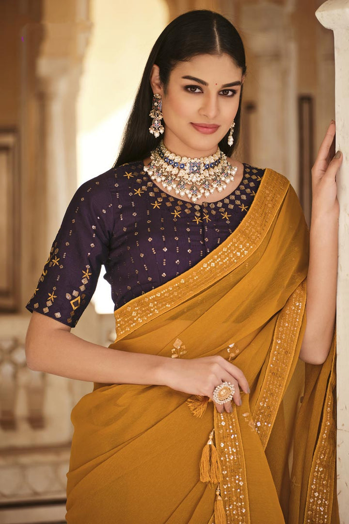 Sequins Work Lovely Chinon Fabric Saree In Yellow Color
