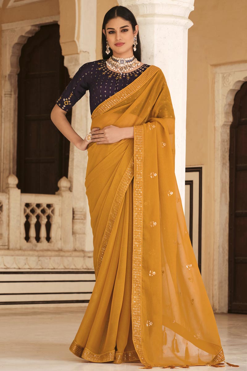 Sequins Work Lovely Chinon Fabric Saree In Yellow Color