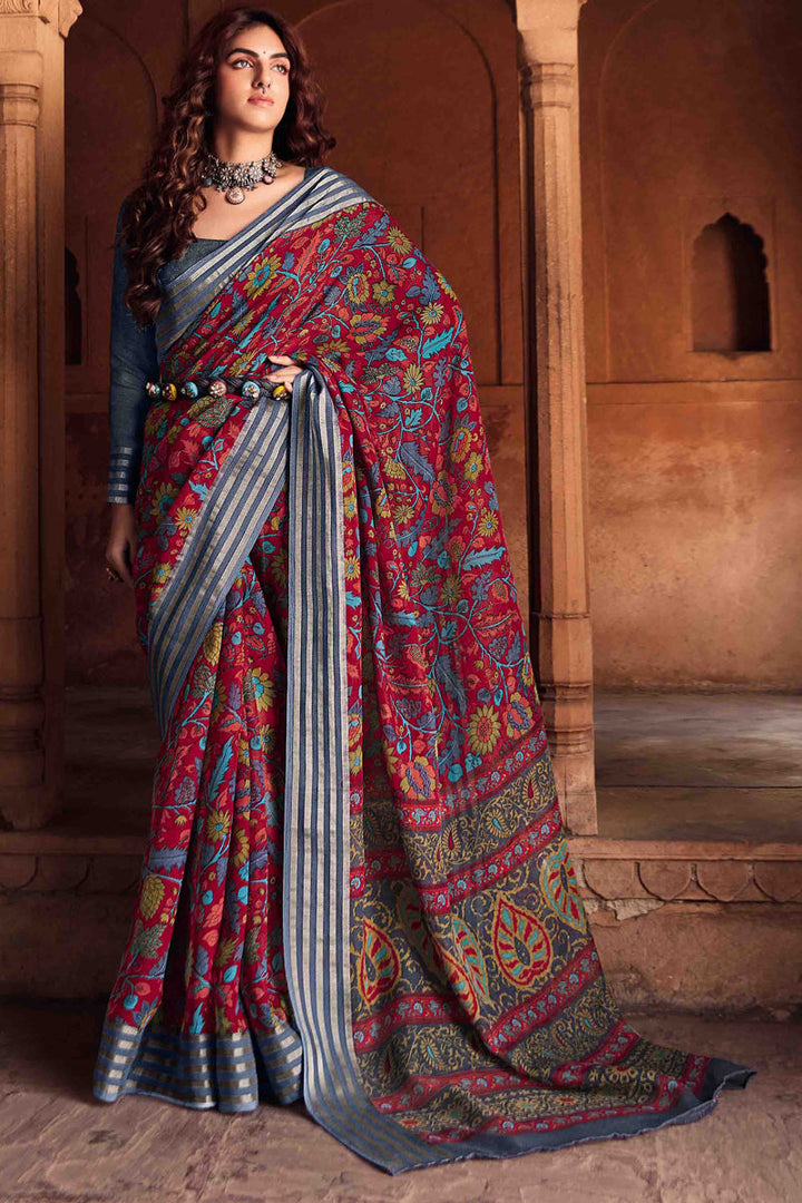Maroon Designer Linen Saree With Kasab Border With Blouse