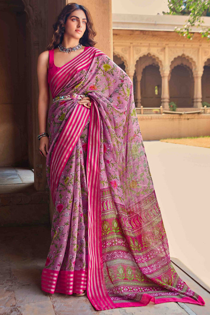 Pink Designer Linen Saree With Kasab Border With Blouse