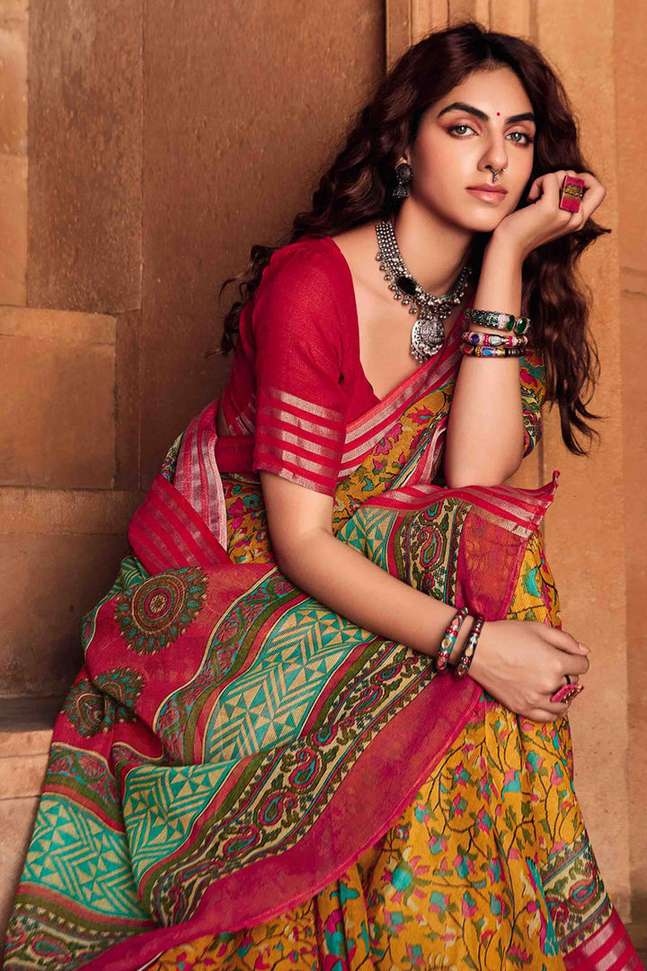 Orange Designer Linen Saree With Kasab Border With Blouse