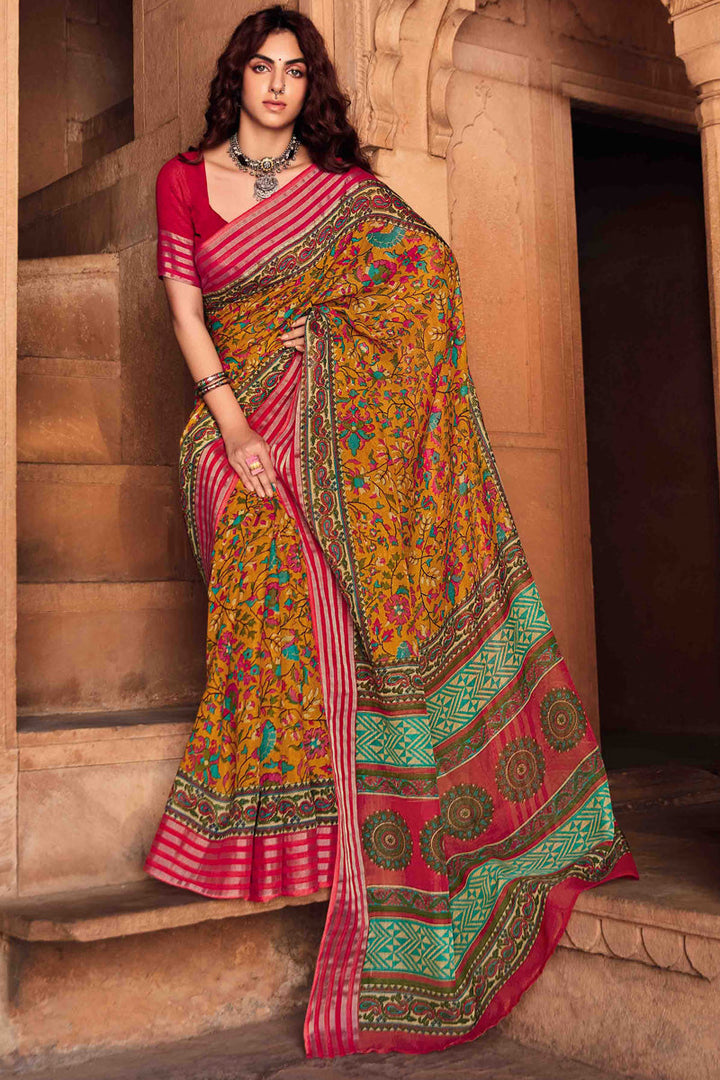 Orange Designer Linen Saree With Kasab Border With Blouse