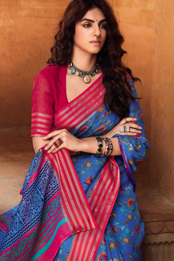 Blue Designer Linen Saree With Kasab Border With Blouse
