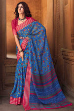 Load image into Gallery viewer, Blue Designer Linen Saree With Kasab Border With Blouse
