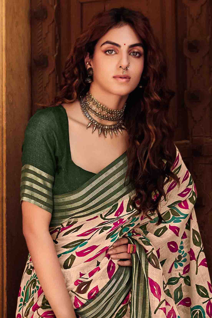 Cream Designer Linen Saree With Kasab Border With Blouse
