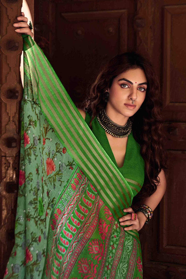 Sea Green Designer Linen Saree With Kasab Border With Blouse
