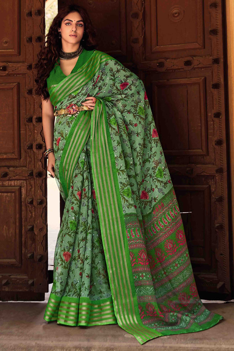 Sea Green Designer Linen Saree With Kasab Border With Blouse