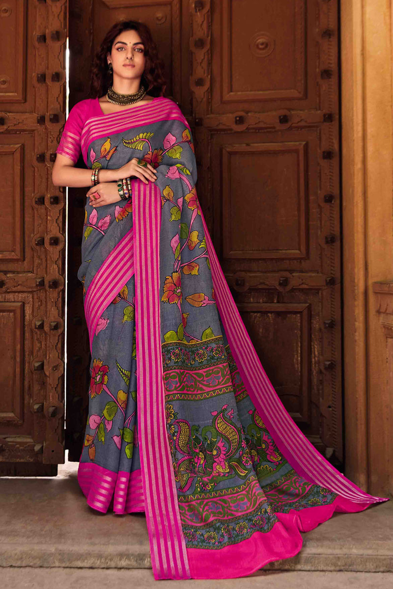 Grey Designer Linen Saree With Kasab Border With Blouse