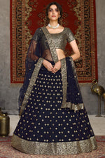 Load image into Gallery viewer, Reception Wear Navy Blue Color Sequins Work Lehenga Choli In Net Fabric
