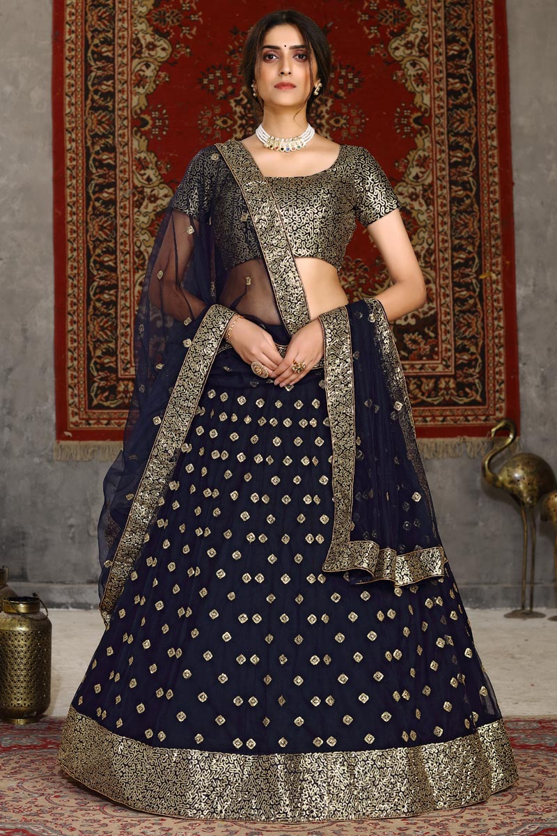 Reception Wear Navy Blue Color Sequins Work Lehenga Choli In Net Fabric