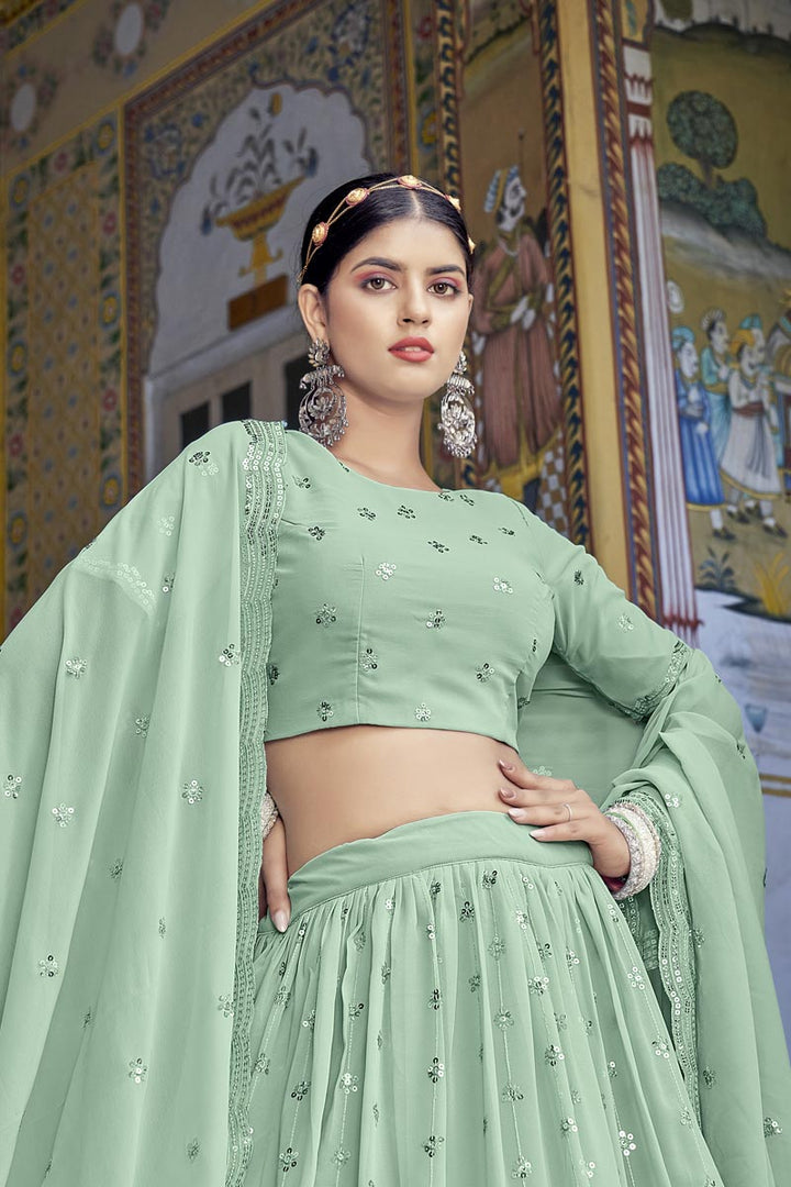 Captivating Sequins Work Sea Green Color Georgette Fabric Lehenga