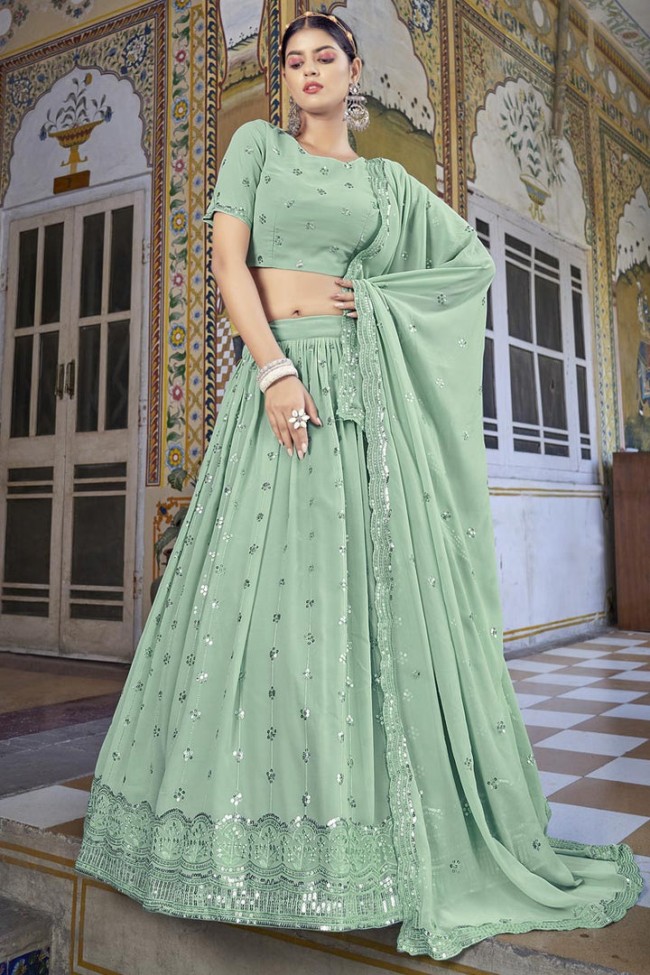 Captivating Sequins Work Sea Green Color Georgette Fabric Lehenga