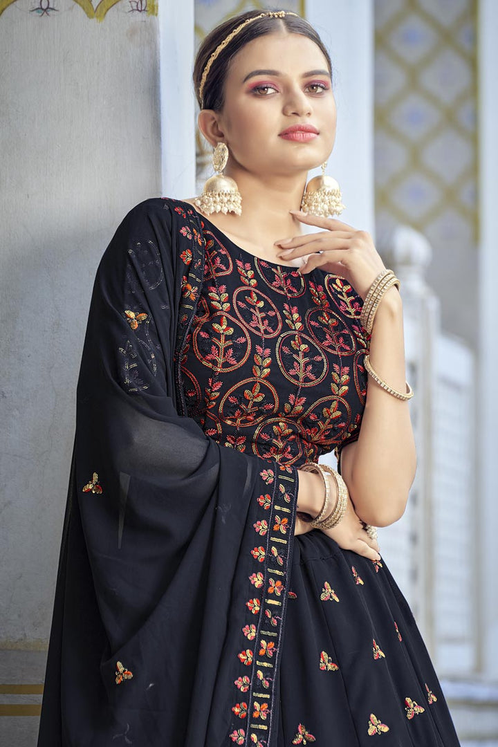 Navy Blue Color Alluring Georgette Fabric Lehenga With Sequins Work