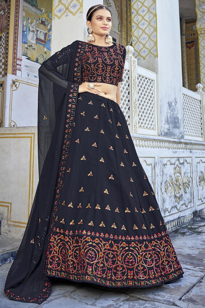 Navy Blue Color Alluring Georgette Fabric Lehenga With Sequins Work