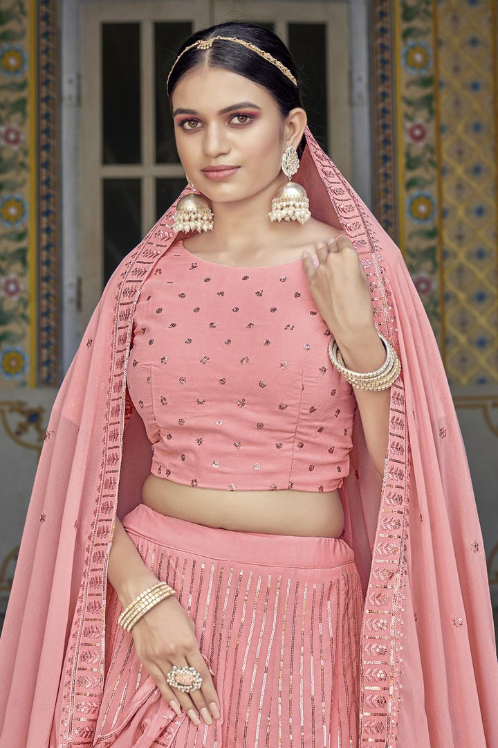 Fascinating Sequins Work Georgette Fabric Lehenga In Pink Color