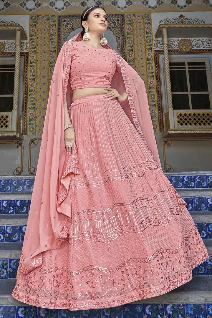 Fascinating Sequins Work Georgette Fabric Lehenga In Pink Color