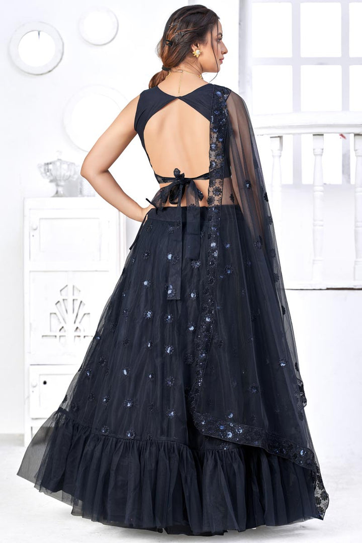 Net Attractive Embroidered Wedding Wear Lehenga Choli In Navy Blue Color