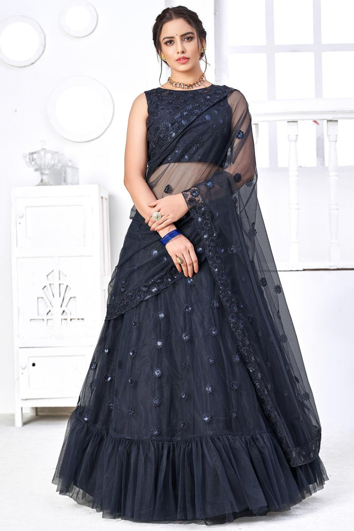 Net Attractive Embroidered Wedding Wear Lehenga Choli In Navy Blue Color