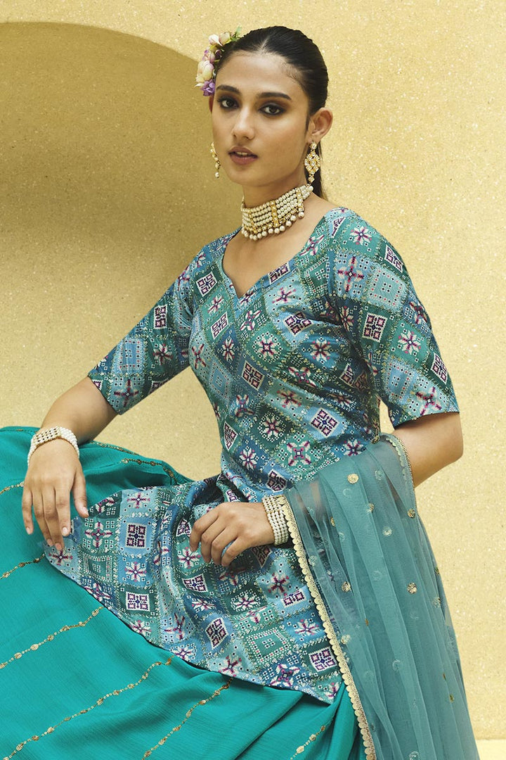 Chinon Fabric Tempting Cyan Color Readymade Lehenga
