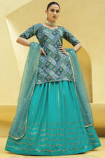 Load image into Gallery viewer, Chinon Fabric Tempting Cyan Color Readymade Lehenga
