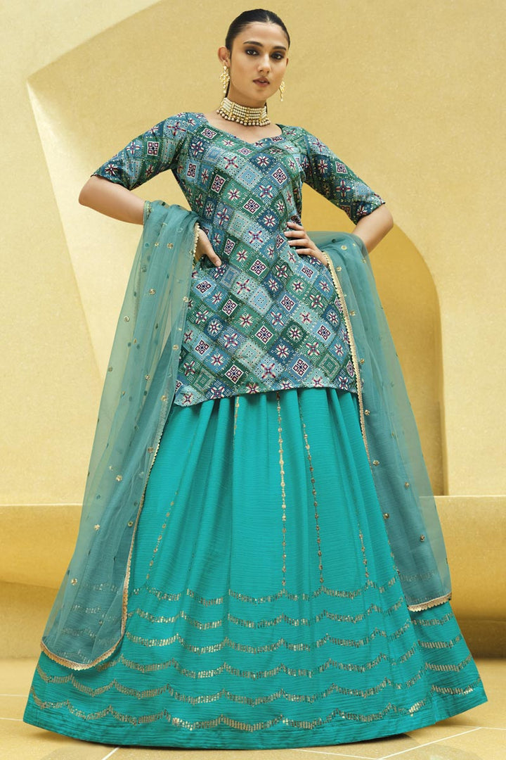 Chinon Fabric Tempting Cyan Color Readymade Lehenga